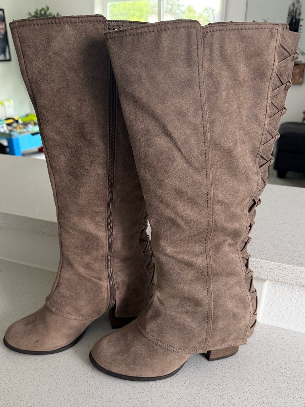 Fergalicious Leesa Taupe Suede Knee-High Lace-Back Boots - size 8 WIDE - Picture 2 of 10